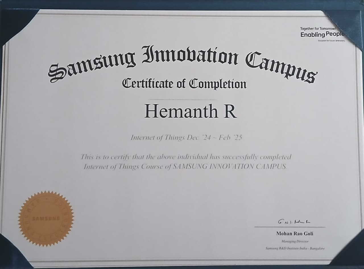 Samsung Innovation Campus IoT Programme Certificate